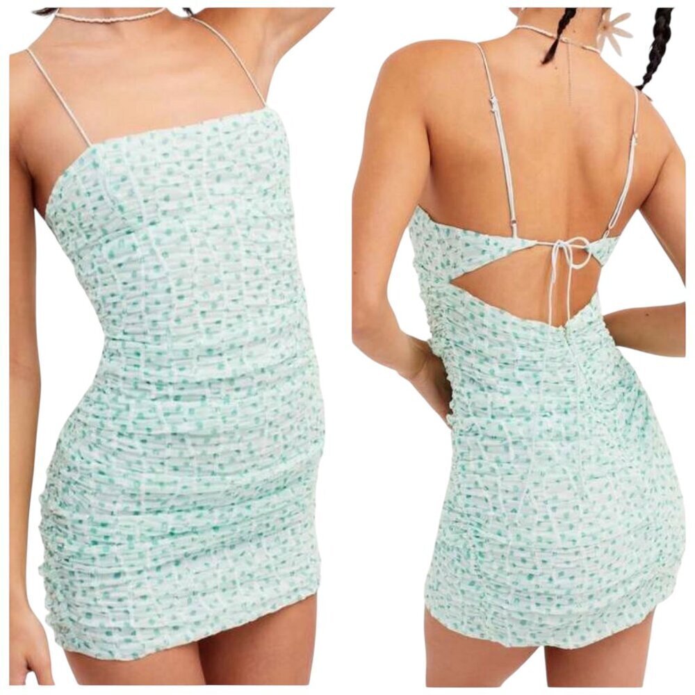 For Love & Lemons Drea Mini Dress Green Textured Tie Back 2X NWT